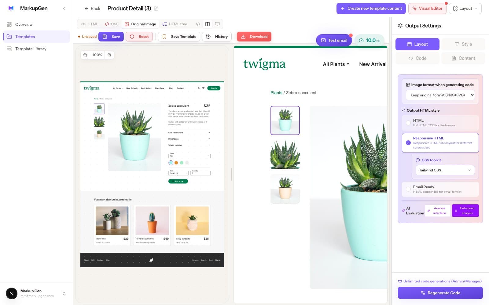 MarkupGen editor turning a Figma product page into responsive Tailwind CSS code, with live visual editing and an AI quality score.