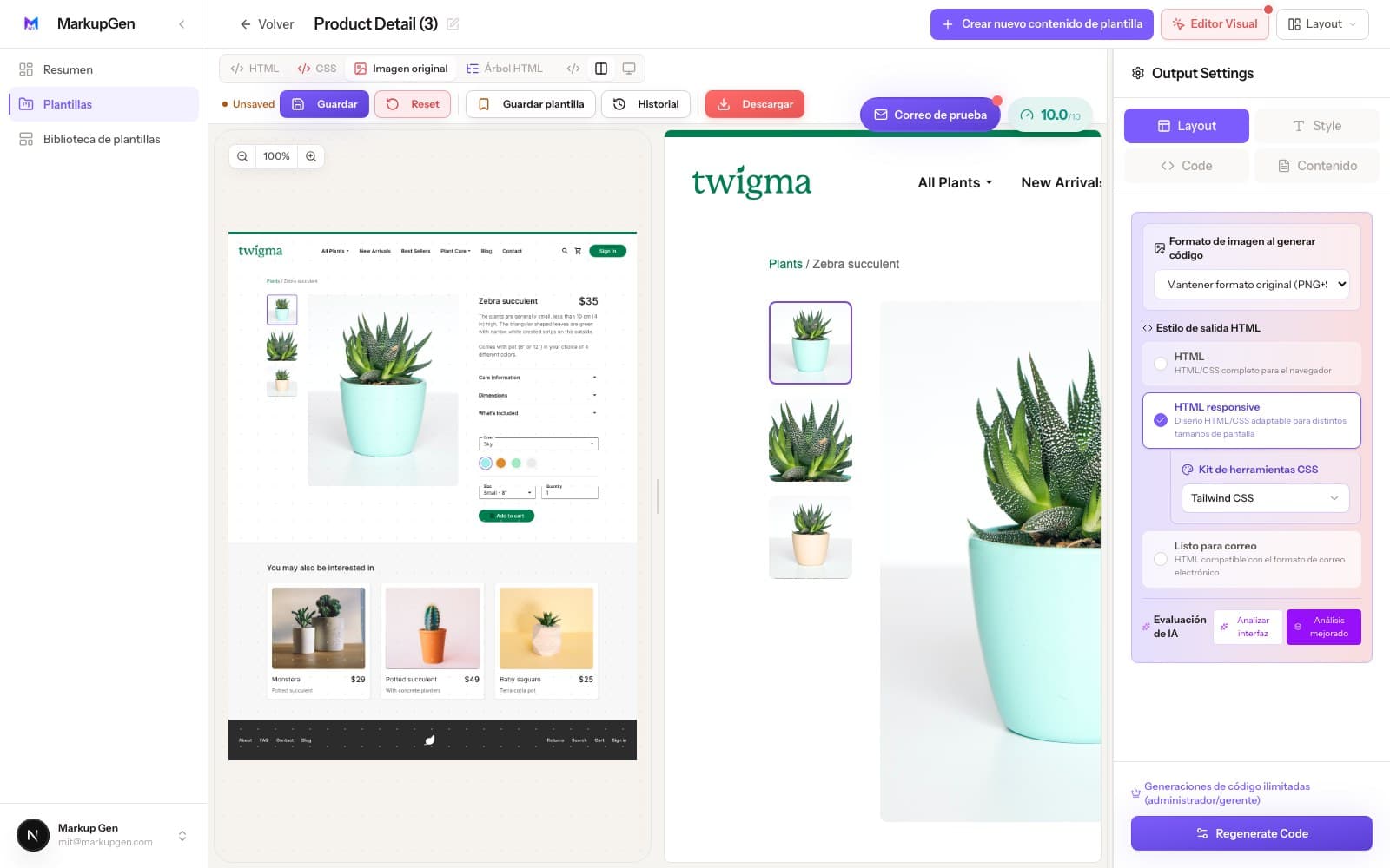 Captura del editor de MarkupGen convirtiendo una página de producto de Figma en código Tailwind CSS responsivo, con edición visual en vivo y puntuación de calidad por IA.