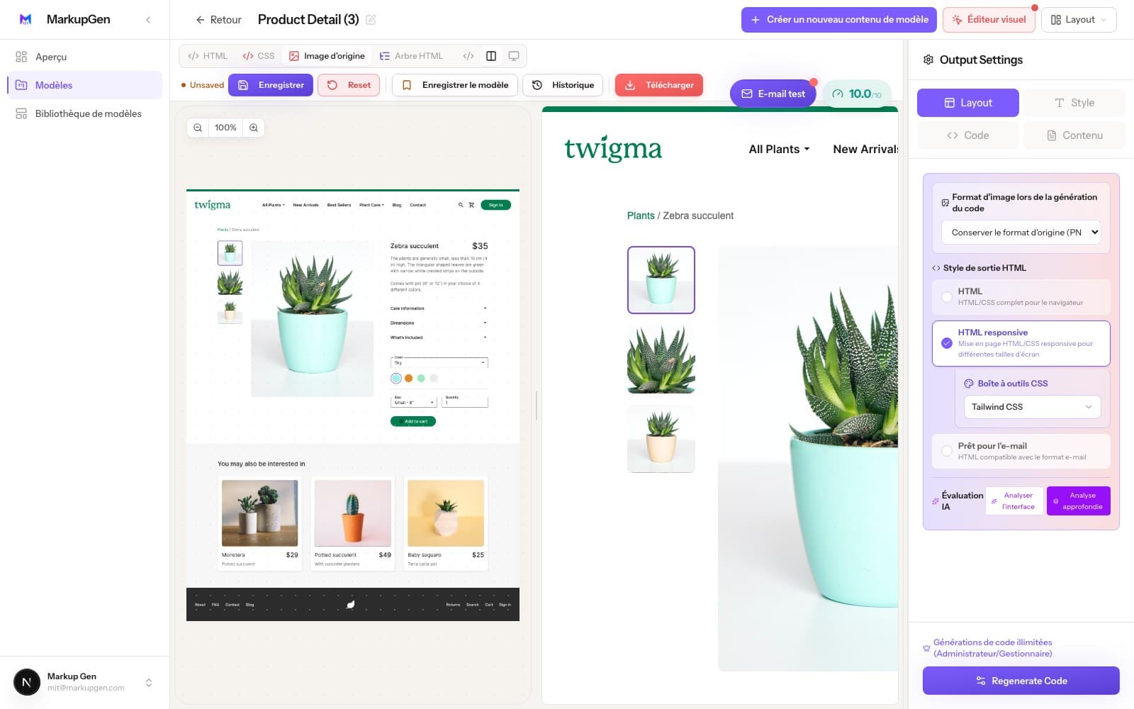Capture d'écran de l'éditeur MarkupGen convertissant une page produit Figma en code Tailwind CSS responsive, avec édition visuelle en direct et un score de qualité IA.