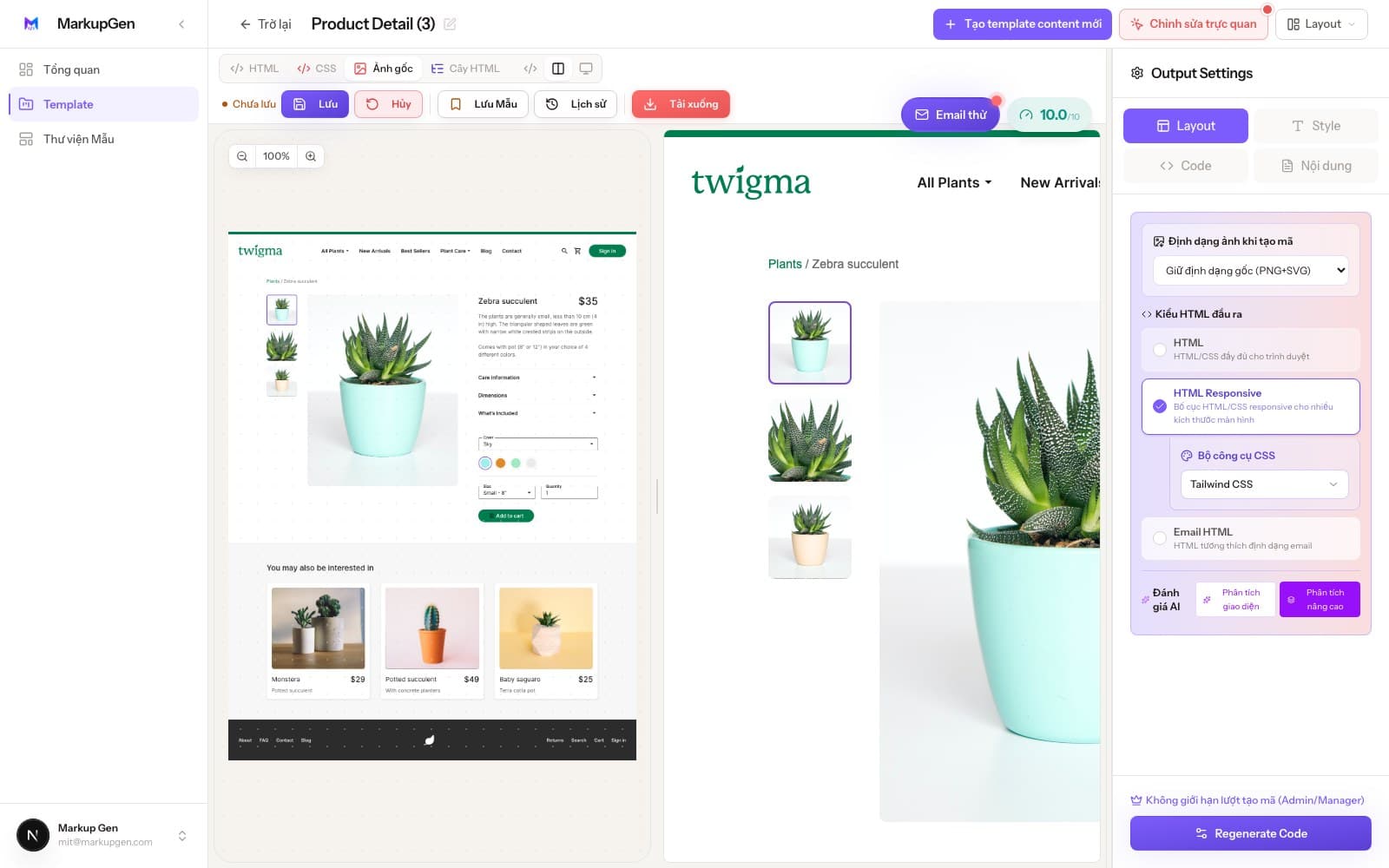 Trình chỉnh sửa MarkupGen chuyển một trang sản phẩm từ Figma thành mã Tailwind CSS responsive, kèm chỉnh sửa trực quan và điểm chất lượng AI.