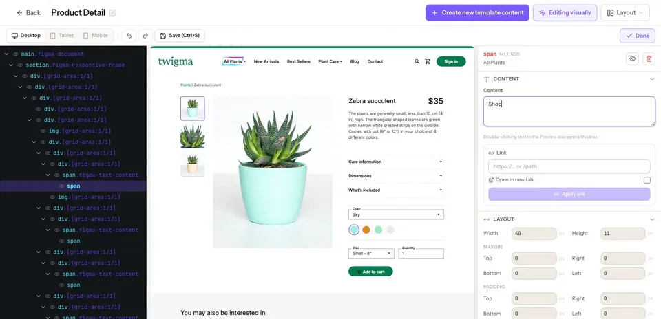 L'Editor Visuale di MarkupGen: l'albero HTML a sinistra, l'anteprima al centro e l'inspector con i campi di contenuto, link e layout a destra