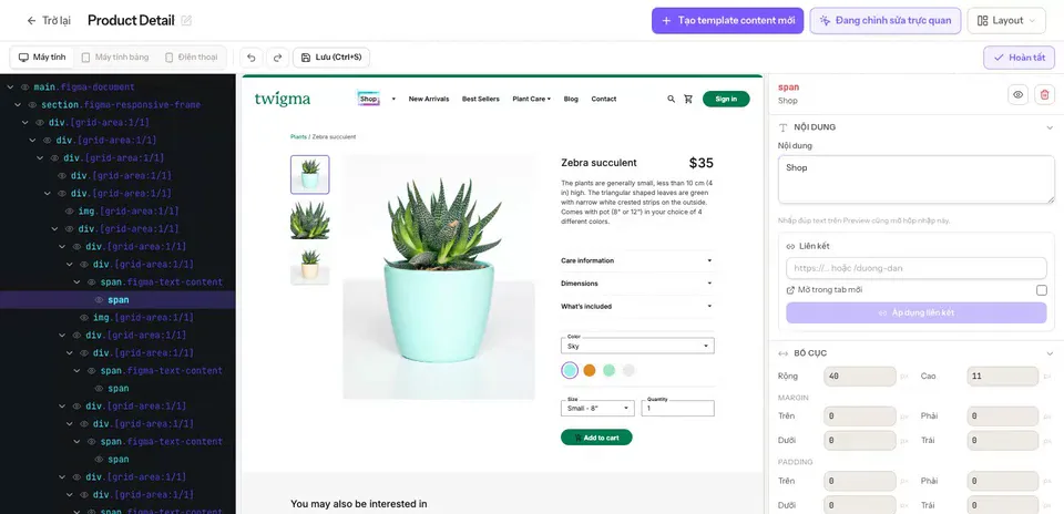 Visual Editor của MarkupGen: cây HTML bên trái, bản xem trước ở giữa và bảng thuộc tính với các mục Nội dung, Liên kết, Bố cục bên phải